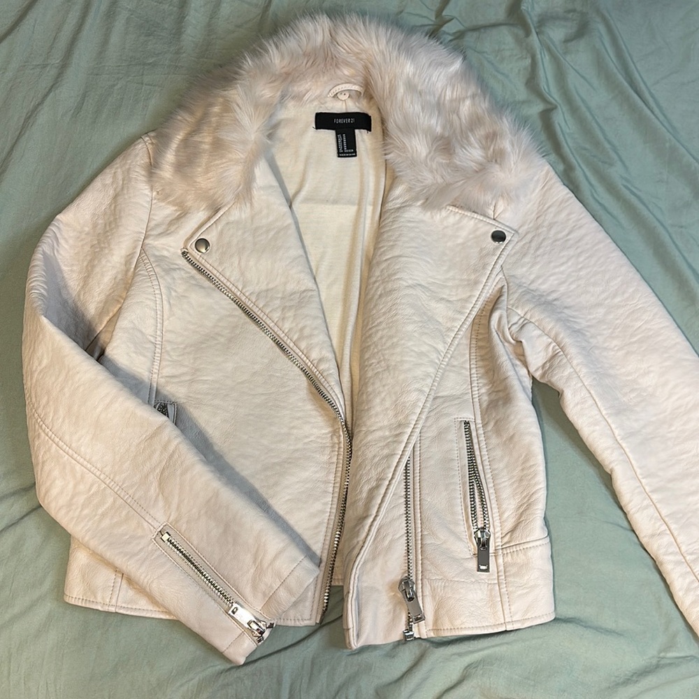 Cream pleather jacket with removable faux fur collar